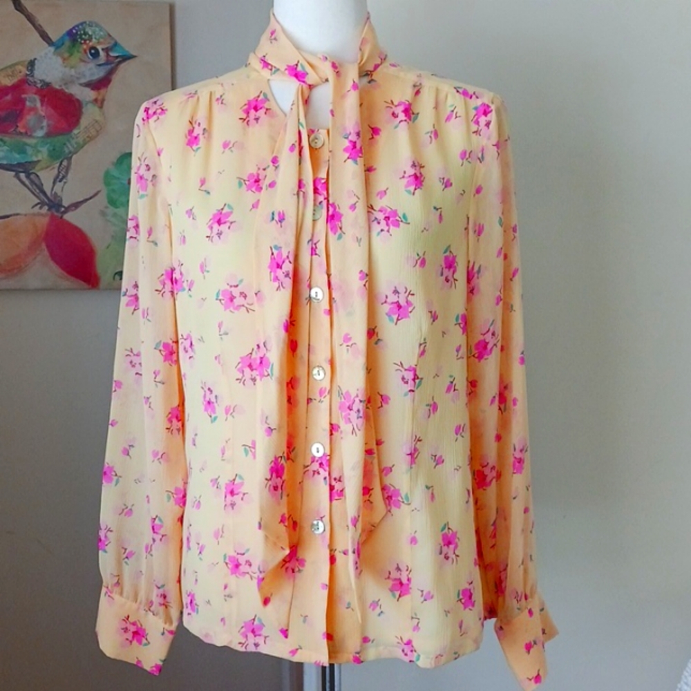 Linea Louis Dell'Orio Silk Blouse Button Down  Neck Tie V Neck Yellow Pink Small